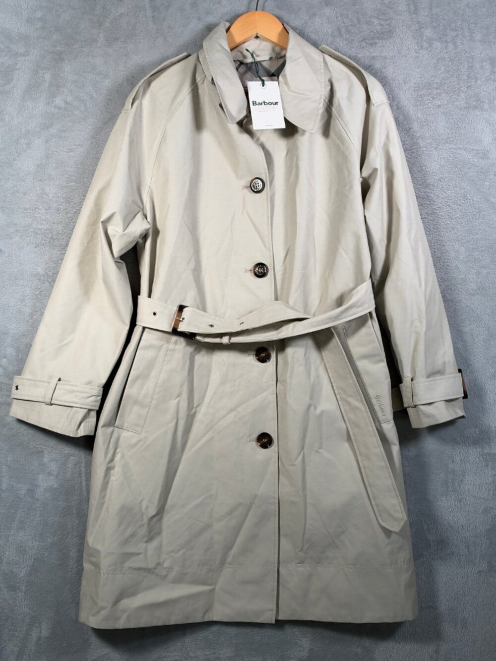 Barbour Trench Coat Womens 10 Beige Maia Showerproof Belted Plaid Lined $400